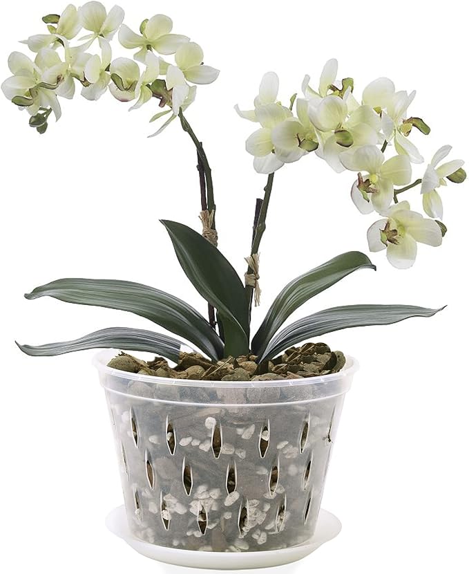 Orchid Pot, 8 Inch 4 Pack Orchid Pots with Holes and Saucers, Clear Plastic Orchid Pots