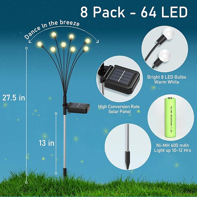 8 Pack Solar Garden Lights, KELME 64 LED Upgraded Firefly Garden Lights Solar Outdoor, Bright High Flexible Swaying Outdoor Solar Lights for Outside Yard Garden Christmas Decorations Gifts, Warm White