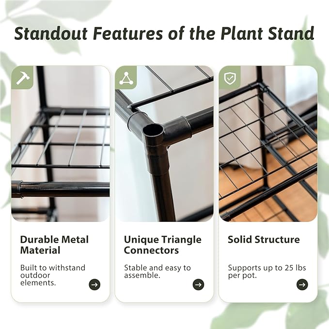 Large Plant Stand Indoor Outdoor Metal Plant Shelf Waterproof Plant Rack for Multiple Plants Wide Flower Stand for Patio Balcony Garden Black