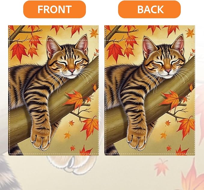 Fall Garden Flag Autumn Cat Garden Flag 12x18 inch Double Sided Fall Thanksgiving Maple Leaves Holiday Flags Decorations for Yard Outdoor Porch (Flay 1805)