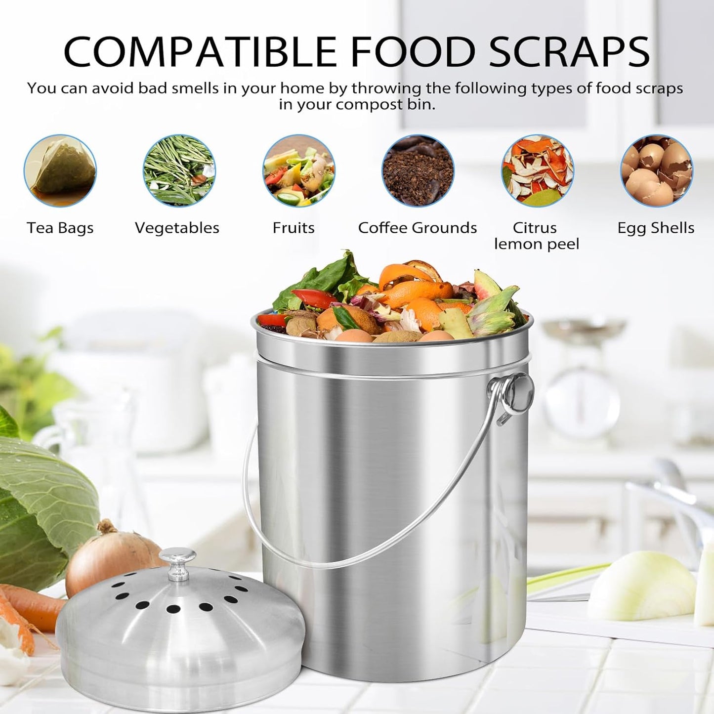 ENLOY Compost Bucket for Kitchen Countertop, 1.3 Gallon Stainless Steel Compost Bin Indoor with Lid, Odorless Food Waste Bucket with Charcoal Filter, Compost Pail for Kitchen with Carrying Handle