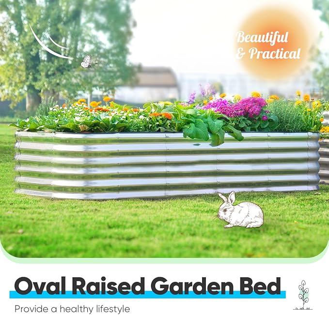 Quictent Raised Garden Bed Kit Oval Galvanized Metal Planter Box Tall for Vegetables Outdoor Backyard, Rubber Strip Edging Included, Silver 6x3x1.5 ft