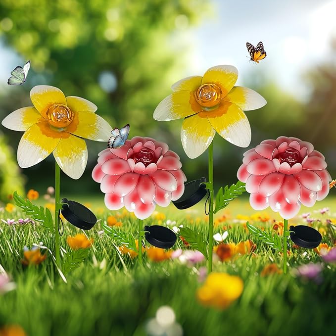 4Pcs 25" Solar Garden Decor for Outside, 3D Metal Flowers for Outside, Valentines Day Garden Stakes Decoration, Solar Lights Garden Decor, Yard Art for Lawn Patio Porch Gifts for Her