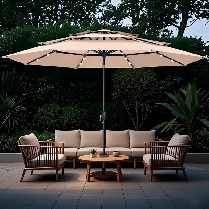 GREEN PARTY 10ft Outdoor Patio Umbrella, Auto-Tilt Market Table Umbrellas with Crank, 8 Sturdy Ribs & 1.5" Pole UV Protection for Garden Deck Backyard Pool