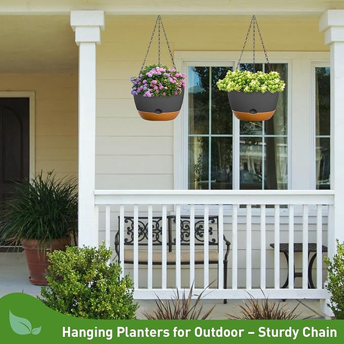 8 Inch Hanging Planters for Indoor & Outdoor Plants (2 Pack) - Self-Watering & Drainage Flower Pots with 2 Kinds of Plant Hangers for Home Decor & Garden (Deep Gray, 8 in)