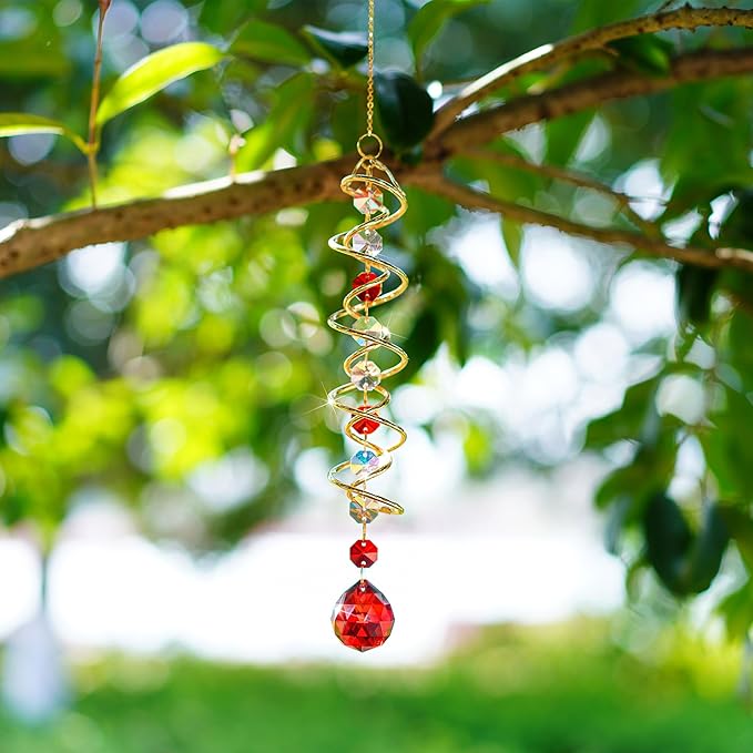 H&D HYALINE & DORA 17.7in Crystal Suncatcher Gazing Ball Spiral Tail,Wind Spinner Sun Catcher with Octagonal Beads,Sun Catchers Window Hanging for Outdoor Garden Decor