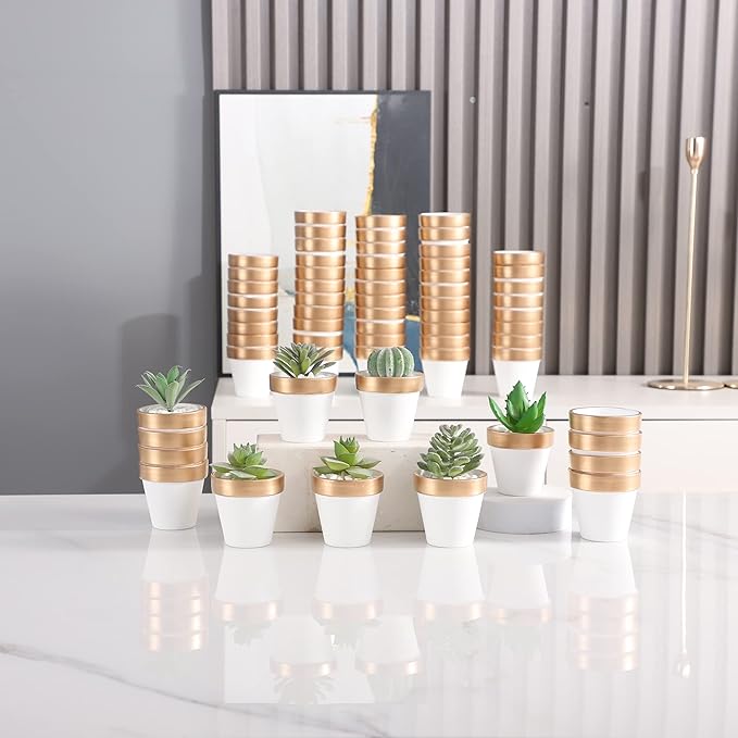 Yishang 36 pcs Small Mini White&Gold Clay Pots, 2.5'' Terracotta Pot Clay Ceramic Pottery Planter,Cactus Flower Terra Cotta Pots,Succulents Nursery Pots,with Drainage Hole, for Crafts,Wedding Favor