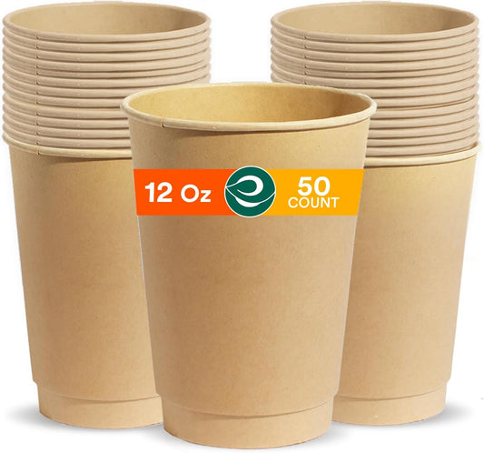 ECO SOUL 100% Compostable Plant-Based 12oz Hot Cups | (50 Count, 12 oz Hot Cups) | Disposable Bagasse Paper Cups | Eco-friendly Cups | Sturdy, Microwave & Oven Safe