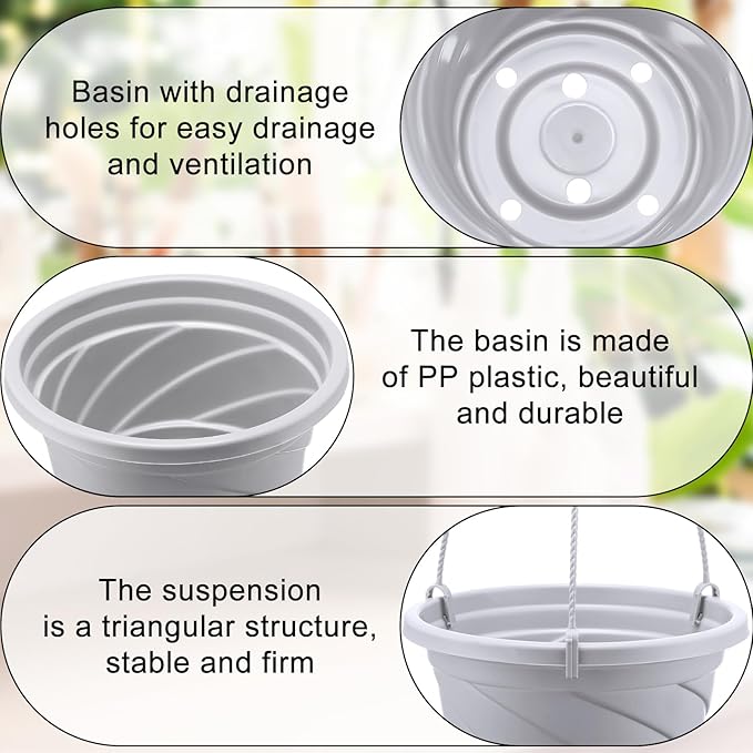 Tioncy 50 Pcs Plastic Hanging Planter Round Hanging Pot for Plants Containers with Hook Flower Plant Pots Holders for Outdoor Indoor Plant Balcony Garden Decor(Gray White)