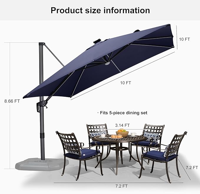PURPLE LEAF 10 Feet Patio Umbrella with Base Outdoor Cantilever Solar Powered LED Square Umbrella Aluminum Offset Umbrella with 360-degree Rotation for Garden Deck Pool Patio Navy