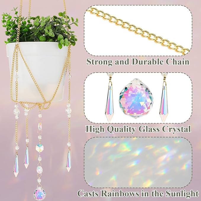 Chunful 3 Pack Sun Catcher Plant Hanger with Beads and Glass Crystal Beaded Plant Hanger Sun Catchers Kit Hanging Basket Accessories for Indoor Home Rainbow Decor, Pots Not Included(Gold)