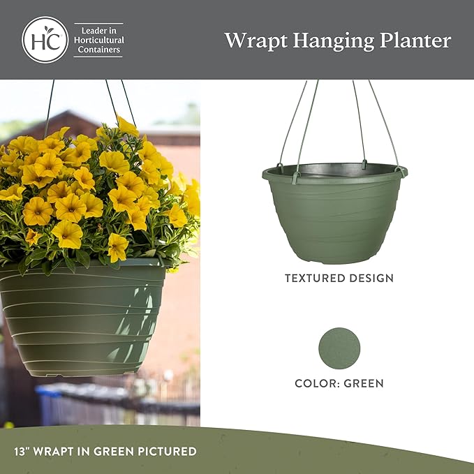 The HC Companies Wrapt Hanging Planters - Lightweight Plant Pot Hanger for Hanging Plants, Vegetables & Herbs - Outdoor & Indoor Hanging Basket for Plants (13" Green, Pack of 2)