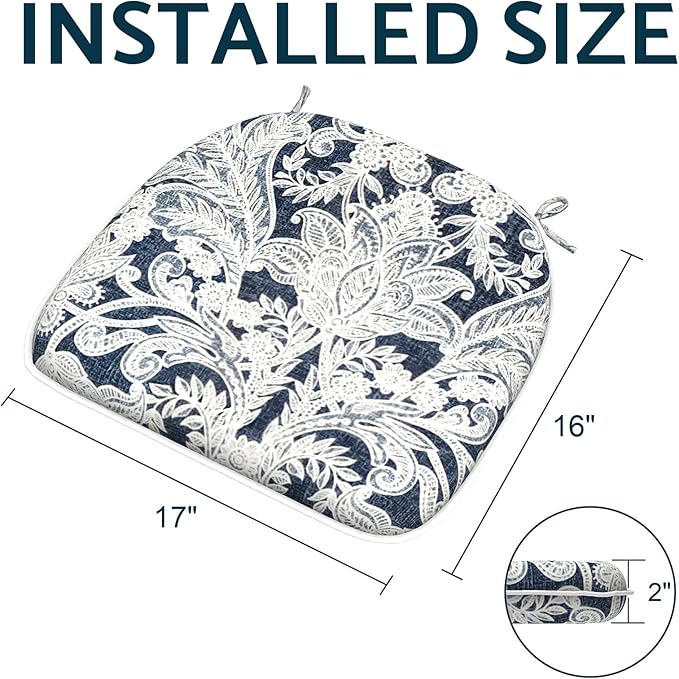 Indoor/Outdoor Chair Cushions 16x17 Inch, Patio Chair Cushions with Ties, All Weather Seat Cushions for Patio Furniture Home Garden Chair Use, Set of 4,Damask Lapis