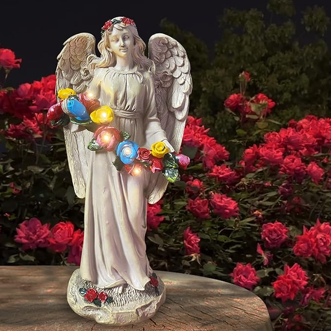 Angel Statues for Garden, Solar Angels for Outside, Angels Sculpture Holding Wreath for Outdoor Patio Lawn Balcony Ornament Gifts for Women/Mom/Grandma