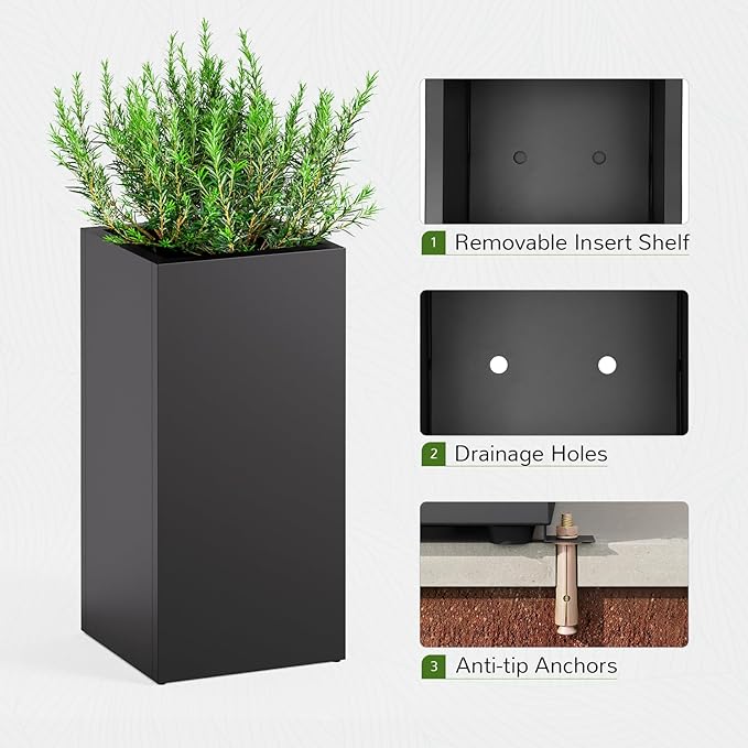 Stoog 30" Tall Planters for Outdoor Plants, All-Weather Metal Planter Boxes Set of 2, with Removable Insert Shelf, Modern Design, Indoor/Outdoor Use, Black