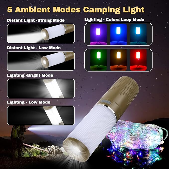 Camping Lantern with 49.2FT String, 2 in 1 Outdoor RGB String Lights with 4 Modes & 5 Modes Rechargeable Camping Lamp IPX4 Waterproof Portable LED Tent Light for Outdoor Yard Garden Decoration