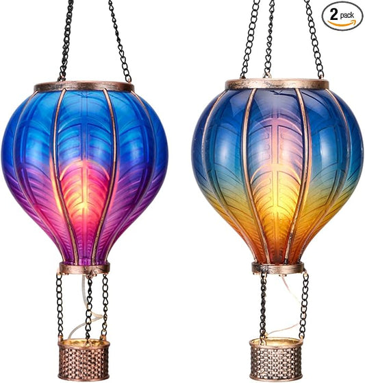 TERESA'S COLLECTIONS 2 Pack Hanging Solar Lantern Outdoor Garden Decor for Valentine,Waterproof Plastic Hot Air Balloon Blue Flickering Flame Effect Lantern for Yard Tree,Gift for Mom,18"