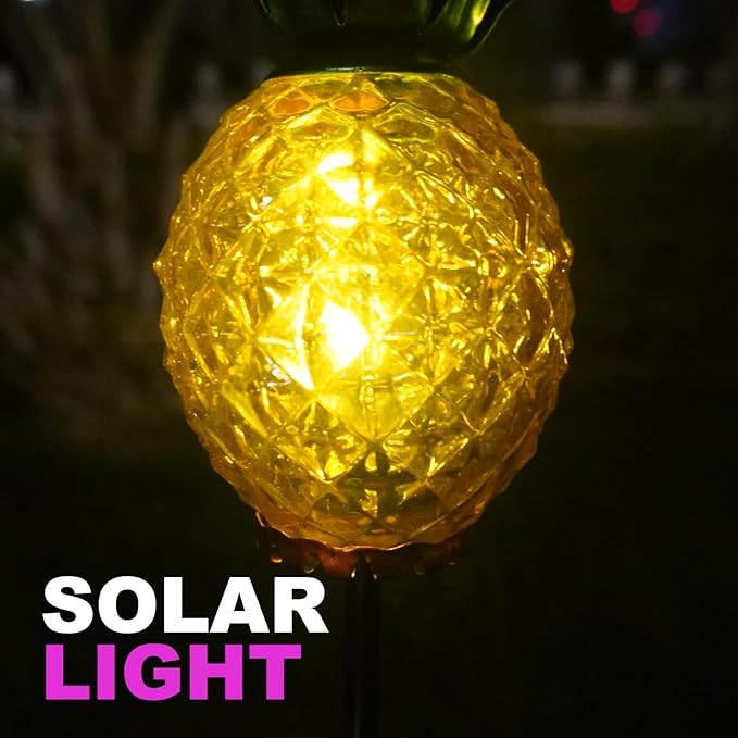 Solar Lanterns Outdoor Waterproof Glass Pineapple Garden Decor, Hanging Solar Stake Lights Yard Art, Outside Patio Decorations Gardening Birthday Gifts for Mom Grandma Women, 2 Pack