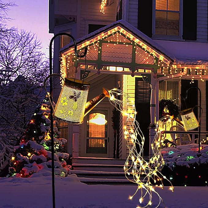 Morestar Solar Garden Fairy Lights Decorative Outdoor(Warm White),Solar Watering Can Hummingbird Lights,Metal Waterproof Hanging Solar Lantern,Christmas Gift for Mom Grandmom for Patio Yard Lawn Decor