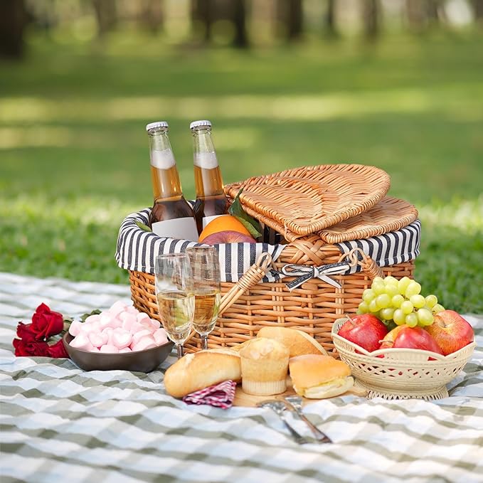 Happypicnic Wicker Picnic Basket with Handle, 15" Large Empty Picnic Basket with Lid & Removable Liner, Vintage Hand Woven Basket for Picnics, Camping, Veg Picking, Mother'S Day, Thanksgiving (Stripe)