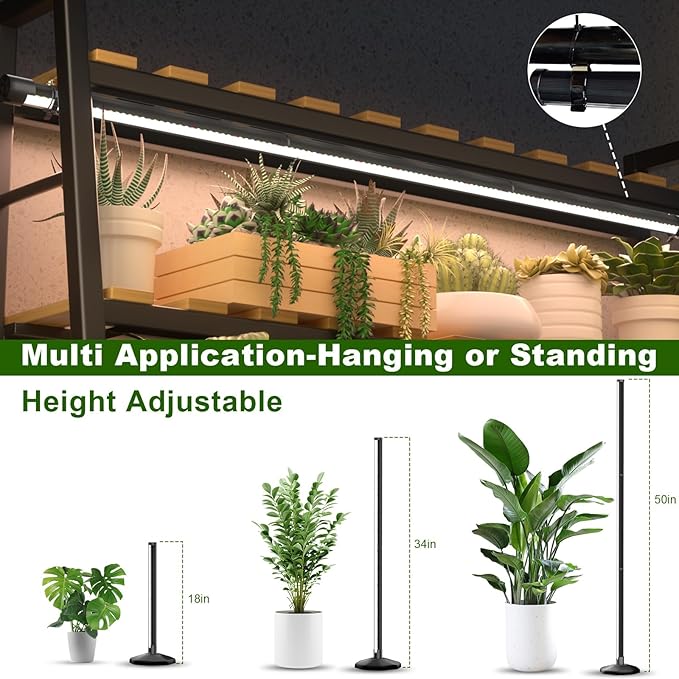 bedee LED Grow Light for Indoor Plants: 50 Inch Full Spectrum Plant Lights for Seed Starting with Timer and 10 Level Dimmable Standing Plant Growing Lamp for Greenhouse with Hanging Accessories