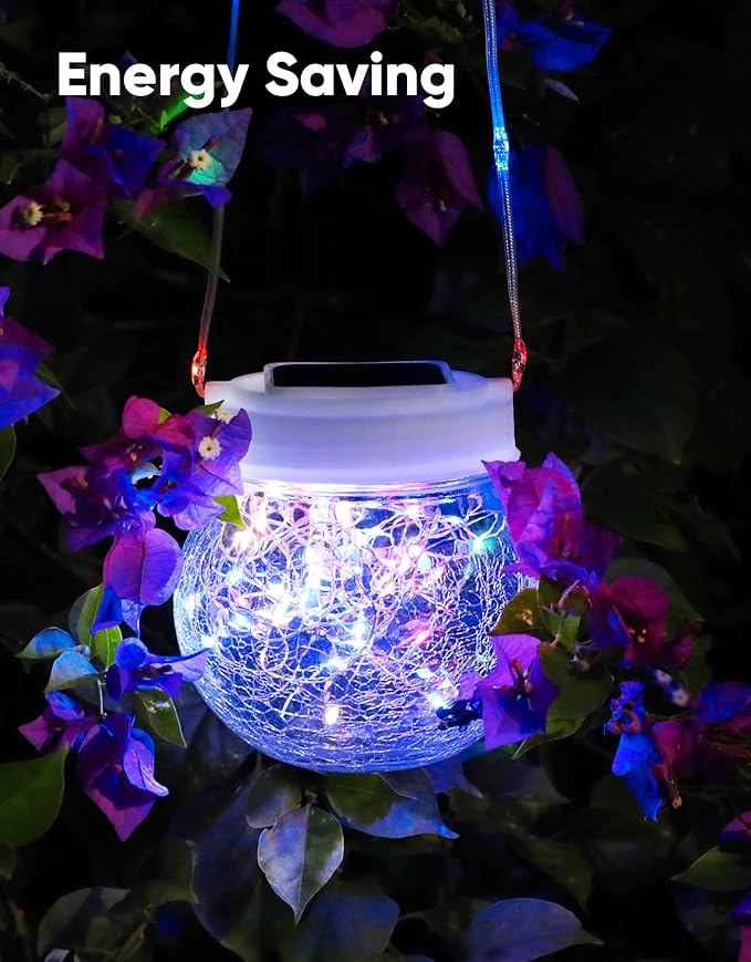 Solar Lantern Solar Lights Outdoor Waterproof 6-Pack, Solar Powered Hanging Lights Cracked Glass Hanging Globes for Christmas Decoration, Shepherd Hook, Garden Tree Ornaments,White Cap, Multi-Color