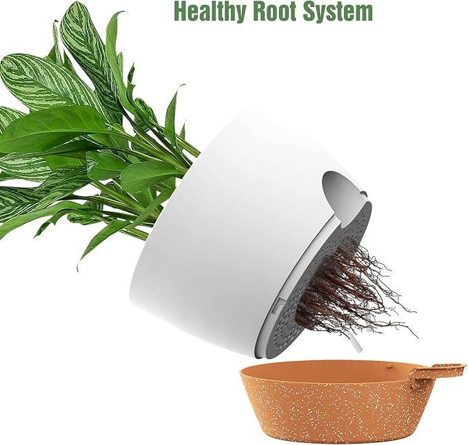 WOUSIWER 10 inch Self Watering Planters, 2 Pack Large Plastic Plant Pots with Deep Reservior and High Drainage Holes for Indoor Outdoor Plants and Flowers, White with Terracotta