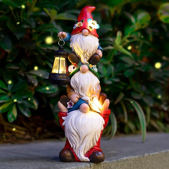 Garden Gnome Statue with Solar Lights Large Garden Sculptures Funny Triple Gnome Outdoor Patio Lawn Yard Balcony Garden Home Decor Gifts for Women Mom 12 in Spring Summer Gnomes Outdoor