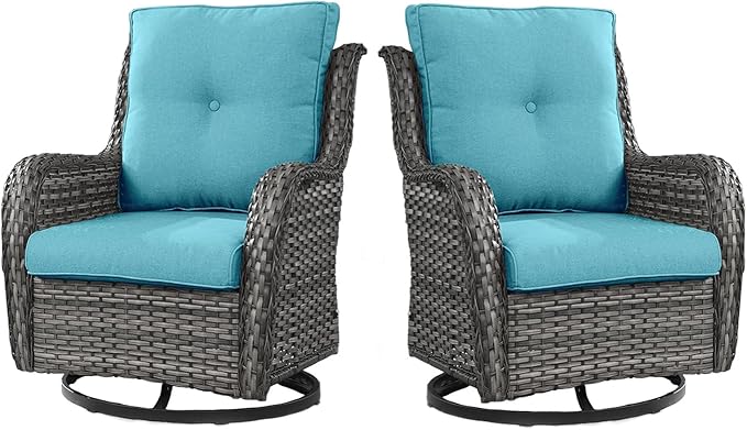 Outdoor Swivel Rcoker Wicker Chairs - Swivel Patio Chairs Set of 2 Patio Furniture Sets with Covered Cushion for Porch Deck Balcony Backyard, Turquoise Cushion