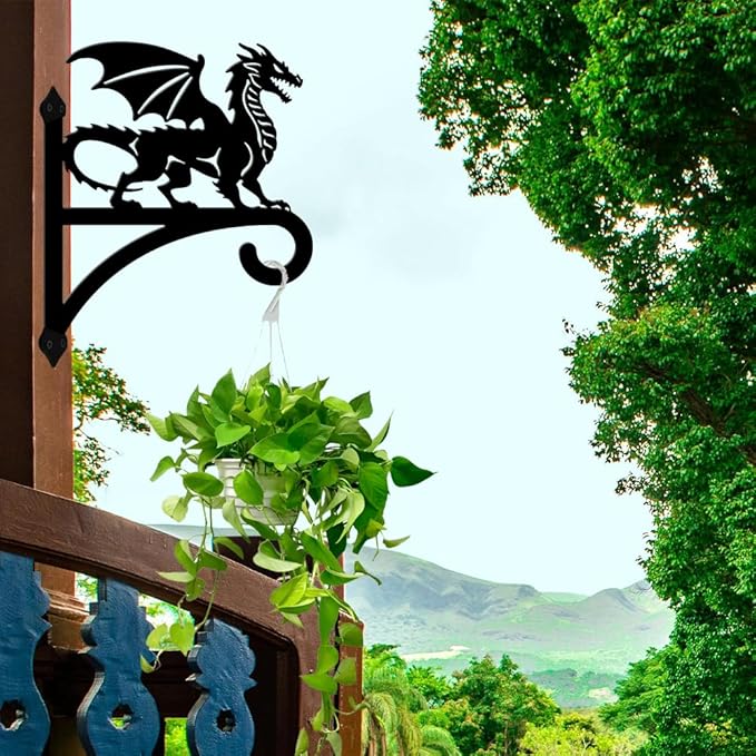 peacoblue Iron Plant Hangers Hooks for Outdoor Indoor Hanging Plants Flower Fern Pots Lantern Bird Feeder,11.8"x15.1" Weather Resistant Metal Wall Holder for Porch Garden Farmhouse(Dragon)