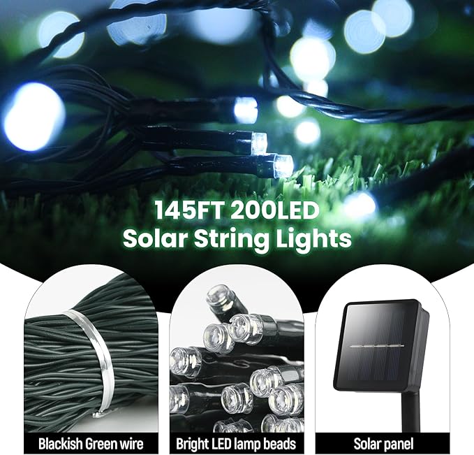 Solar String Lights Outdoor, 2 Pack 200 Led Solar Fairy Lights for Outside Waterproof 145ft Cool White Solar Lights 8 Lighting Mode Solar String Lights for Outside,Garden,Courtyards,Trees