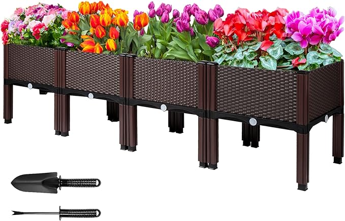MAYOLIAH Raised Garden Bed with Drainage Elevated Planter Box Plastic Raised Beds for Gardening Vegetables Herb Flowers, Perfect for Indoor Outdoor Planting, 4 Boxes Brown