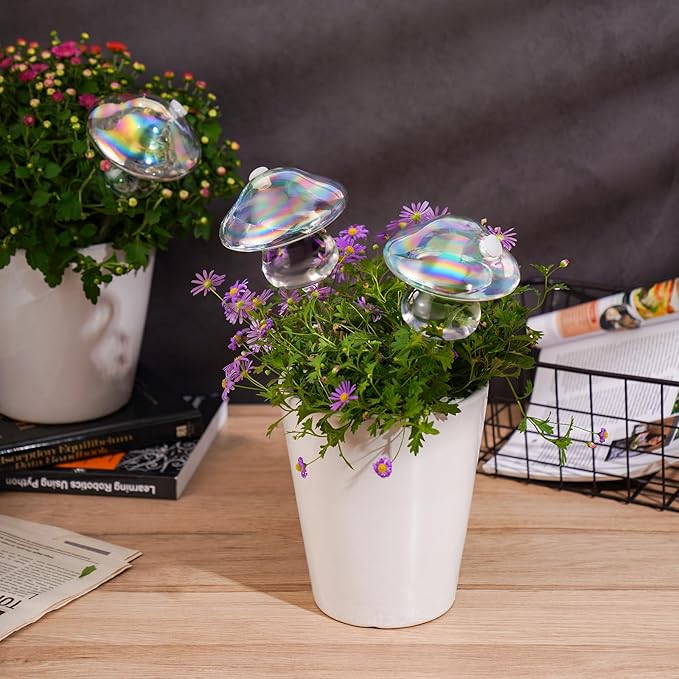 NiHome Iridescent Glass Mushroom Plant Self Watering Globes 3-Pack, Electroplated Hand-Blown Glass Automatic Plant Hydration System for up to 3 Weeks, Easy Refill Design with Adjustable Flow Rate