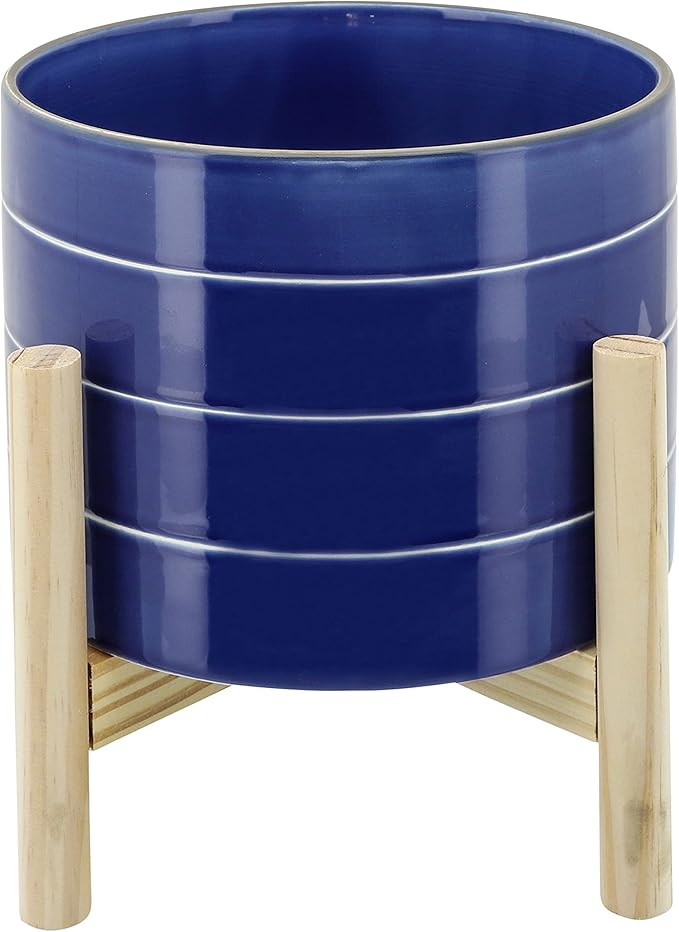 Sagebook Home 8" Planter on Stand - Ceramic Planter on Wooden Base - Contemporary Blue and White Striped Design Indoor or Outdoor Plant Stand Decor