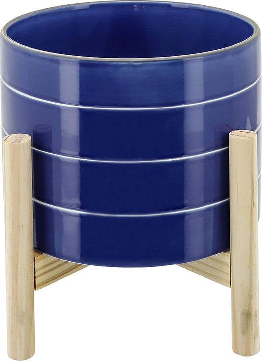 Sagebook Home 8" Planter on Stand - Ceramic Planter on Wooden Base - Contemporary Blue and White Striped Design Indoor or Outdoor Plant Stand Decor
