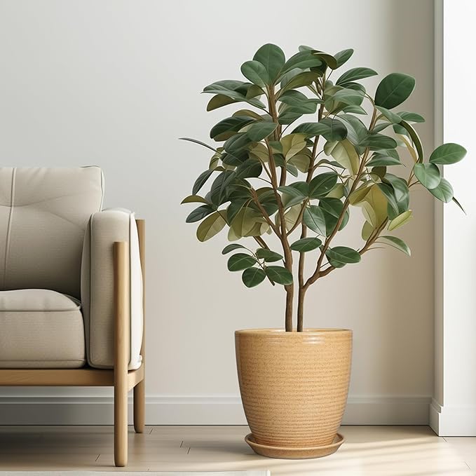 Ceramic Pot for Plants - 10 Inch Plant Pot with Drainage Hole and Saucer Outdoor Planter for Indoor Plants Round Flower Pot for Home Patio Garden Office Yellow