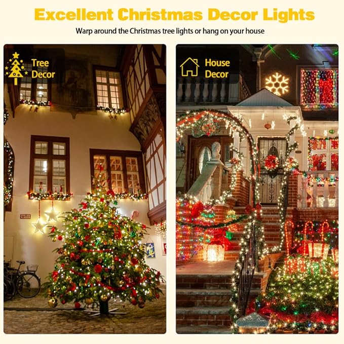 EEW 4-Pack Solar String Lights Outdoor, 400 LED 132FT Solar Christmas Lights with 8 Lighting Modes, Waterproof Green Wire Solar Tree Lights for OutsideXmas Wedding Party Garden Decoration (Warm White)