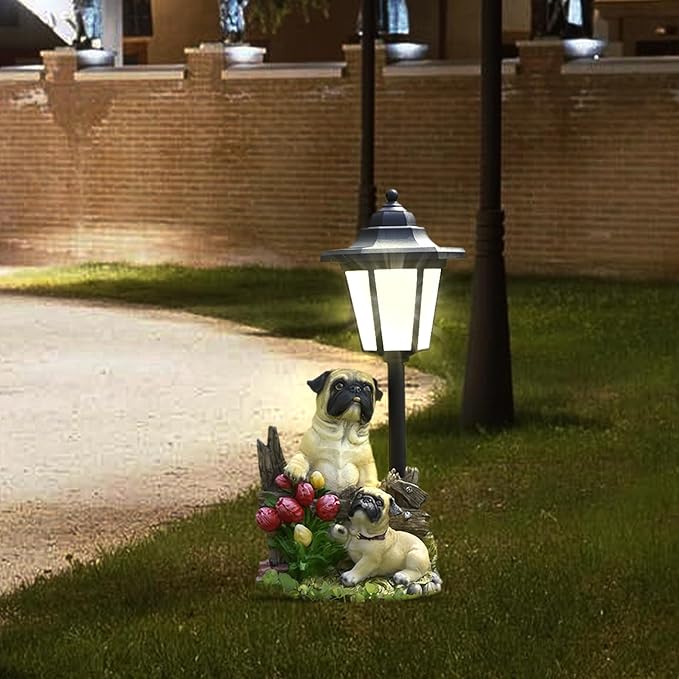 Solar Garden Outdoor Decor Statues Country Farm Pug Dogs with Light,Outside-Outdoor Decorations Sculptures for Patio Yard Lawn Walkway Ornaments Clearance Gifts for Mom Grandma Birthday