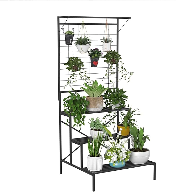 Zhongma 3 Tier Large Heavy Duty Plant Stand with Hanging Plant pot shelf, 35.43 x 33.27 x 78.74, Tall multi layer Plant Holder for Home, Garden, Each Tier: 35.43 L x 10.5W, Easy to Hold Large Plant