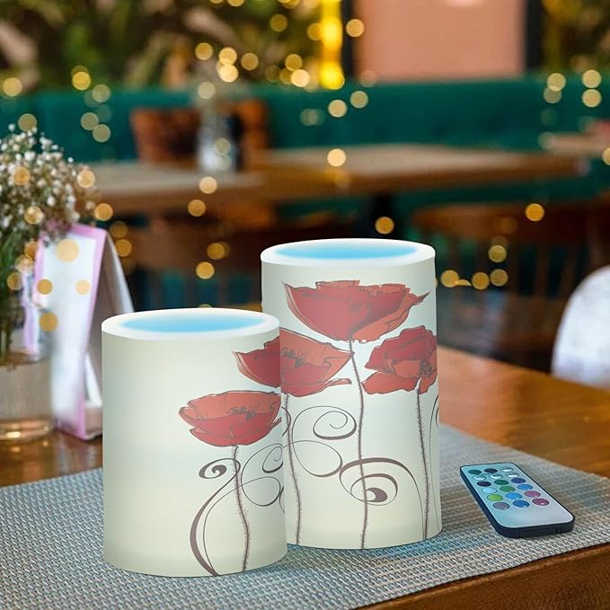 Flickering Flameless Candles, Red Poppy Flowers Retro LED Candles with Remote Timer, Set of 2 Battery Operated Candle for Valentine Wedding Birthday