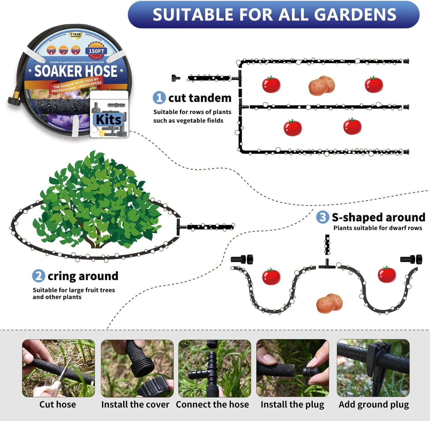 3 Pack Soaker Hose 25 FT, 1/2’’ Diameter Heavy Duty Soaker Hoses 75 FT for Garden Beds To Save 70% Water, Short Drip Soaker Hose for Vegetable Beds (3 Pack 25 FT)