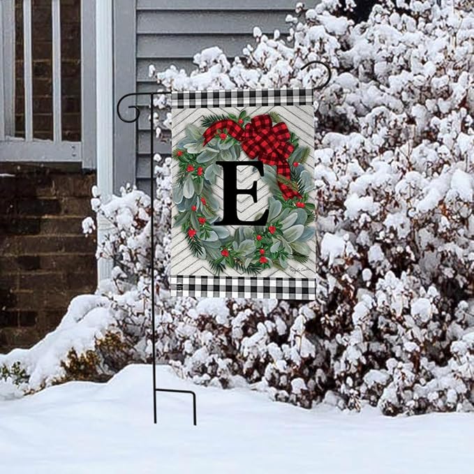 Winter Wreath Monogram Letter E Garden Flag 18" x 12.5" Briarwood Lane