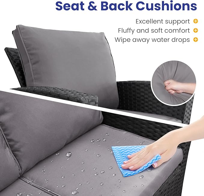 5 Piece Patio Furniture Set with 43" Propane Fire Pit Table, Outdoor Wicker Conversation Set, Rattan Modern Sectional Sofa Couch with Coffee Table for Backyard Porch Garden Poolside, Black-Grey