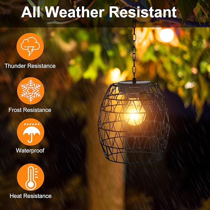 Hanging Solar Lantern Outdoor Waterproof, Metal Lantern Bright Solar Outdoor Lights with Edison Bulb for Garden Patio Yard Decoration
