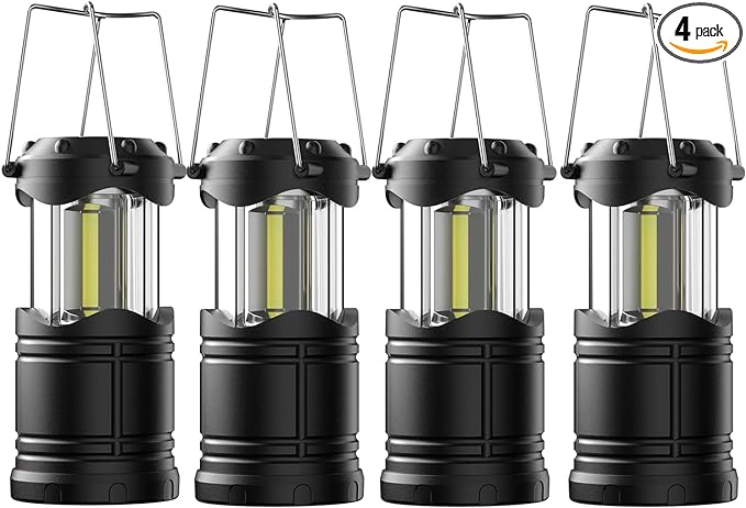Lichamp LED Camping Lantern, 4 Pack Battery Powered Flashlight for Power Outages, Portable Collapsible Hanging Light Essential for Home, Outdoor, Emergency Lamp Survival Kit Gear for Hurricane, Black