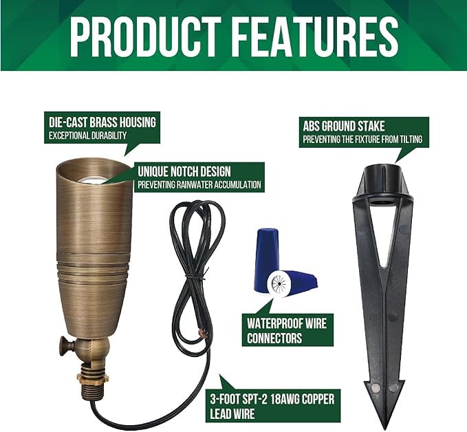 GKOLED 12-Pack Solid Brass Landscape Spotlight, 12V AC/DC Low Voltage Landscape Lights, Outdoor Directional LED Uplight Waterproof Fixture with ABS Ground Spike, Garden Spot Up Light Without Bulb