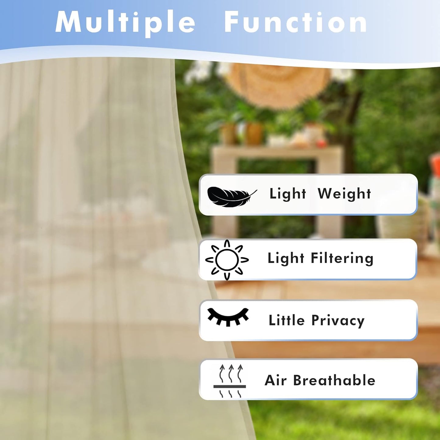 HolidayIdeas Outdoor Sheer Curtains for Patio Waterproof, 4 Panels - 54 x 108 Inch - Light Filtering Voile Outside Curtains Grommet Drapes for Front Porch, Gazebo, Pergola, Backyard, Linen Color