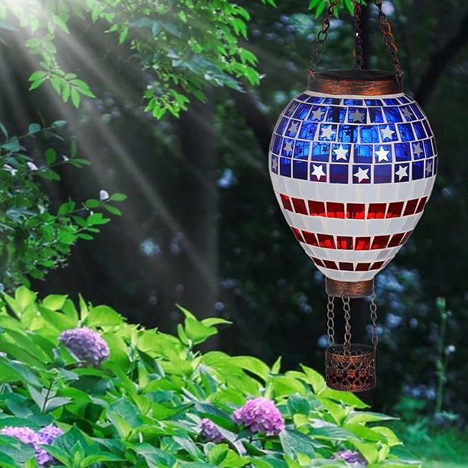 VOREEN American Flag Hot Air Balloon Solar Lantern, Mosaic Solar Outdoor Hanging Wind Light, IP44 Waterproof, Patio Festive Decor, Patriotic Theme, Easter Gifts for Mom Grandma