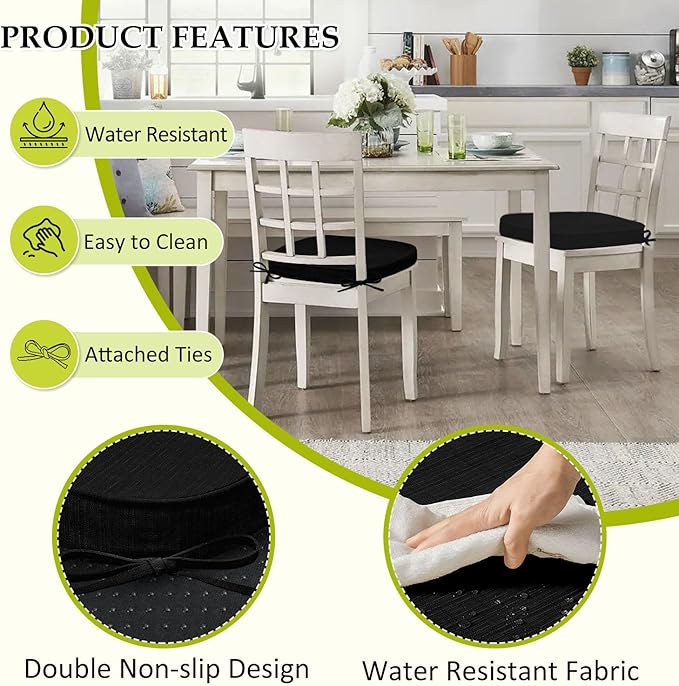 Chair Cushions for Dining Chairs, Indoor Chair Cushions with Ties，Waterproof Chair Pads Set of 4, Black, 17x16x2.5 Inch