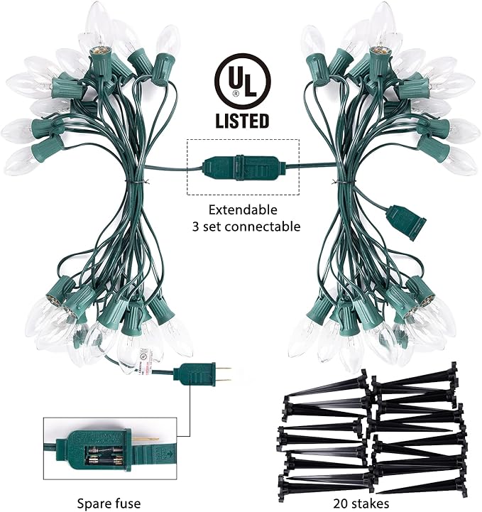 C9 Christmas Lights Outdoor, 25.7 Ft 20 Bulbs Christmas Pathway Lights, Waterproof Walkway Lights for Outside Driveway Sidewalk Outdoor Christmas Decorations Yard, Clear